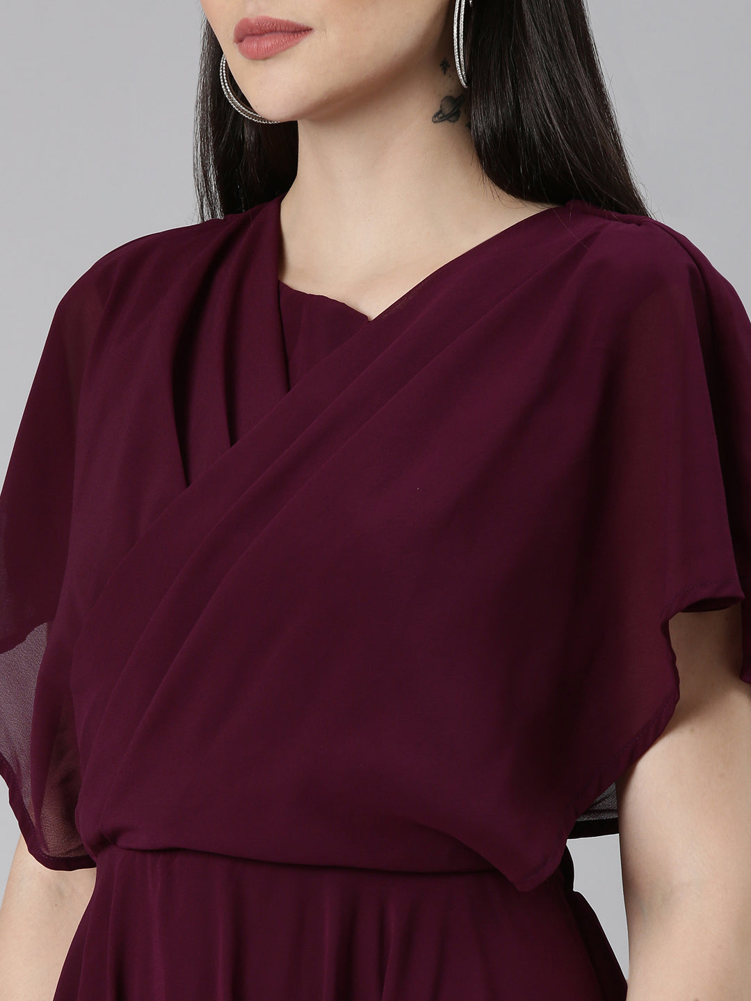 Women's Violet Pleated Detailed Flared Sleeves Fit & Flare Dress