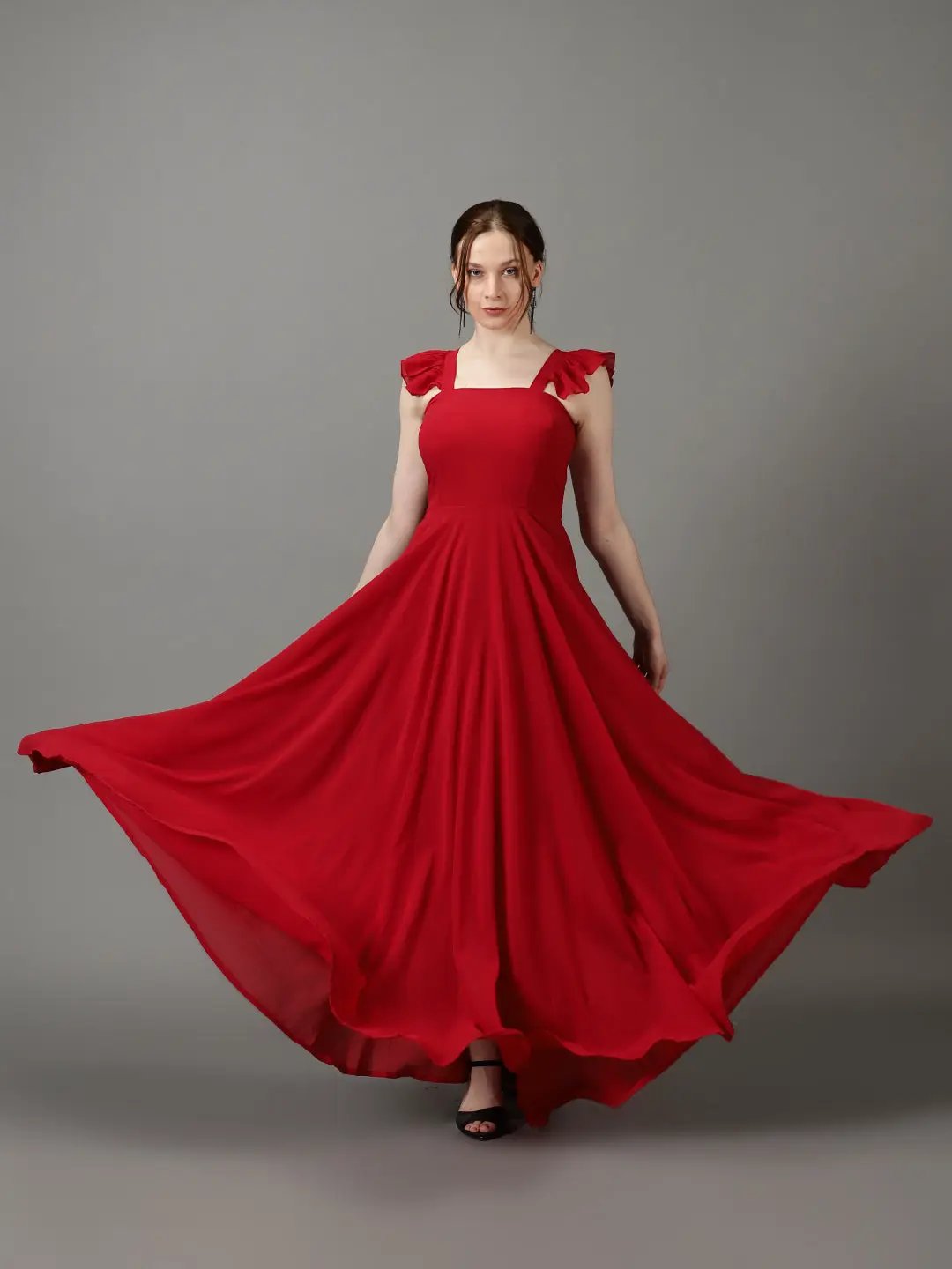 Women's Burgundy Solid Fit and Flare Dress