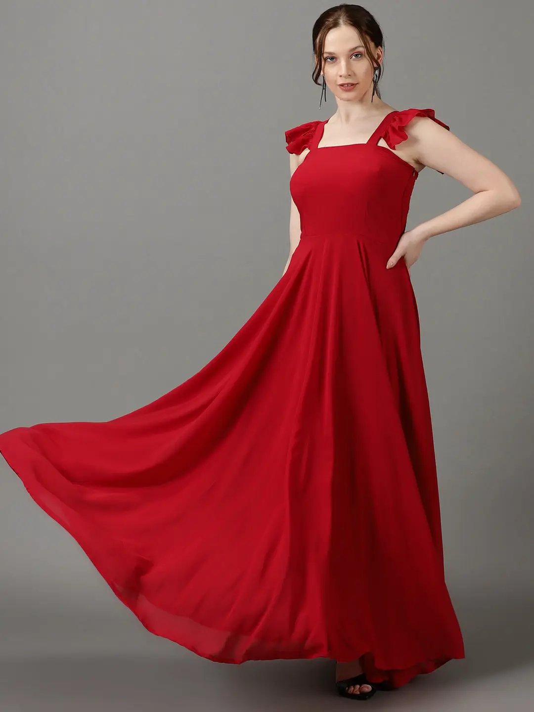 Women's Burgundy Solid Fit and Flare Dress