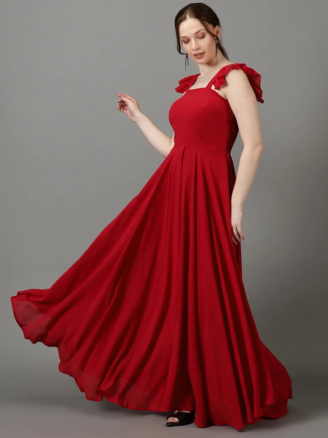 Women's Burgundy Solid Fit and Flare Dress
