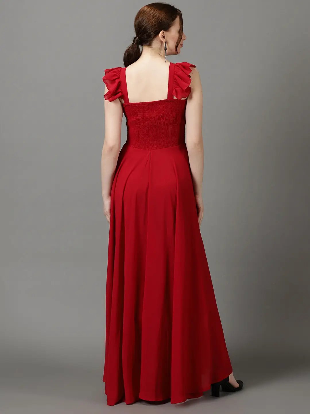 Women's Burgundy Solid Fit and Flare Dress