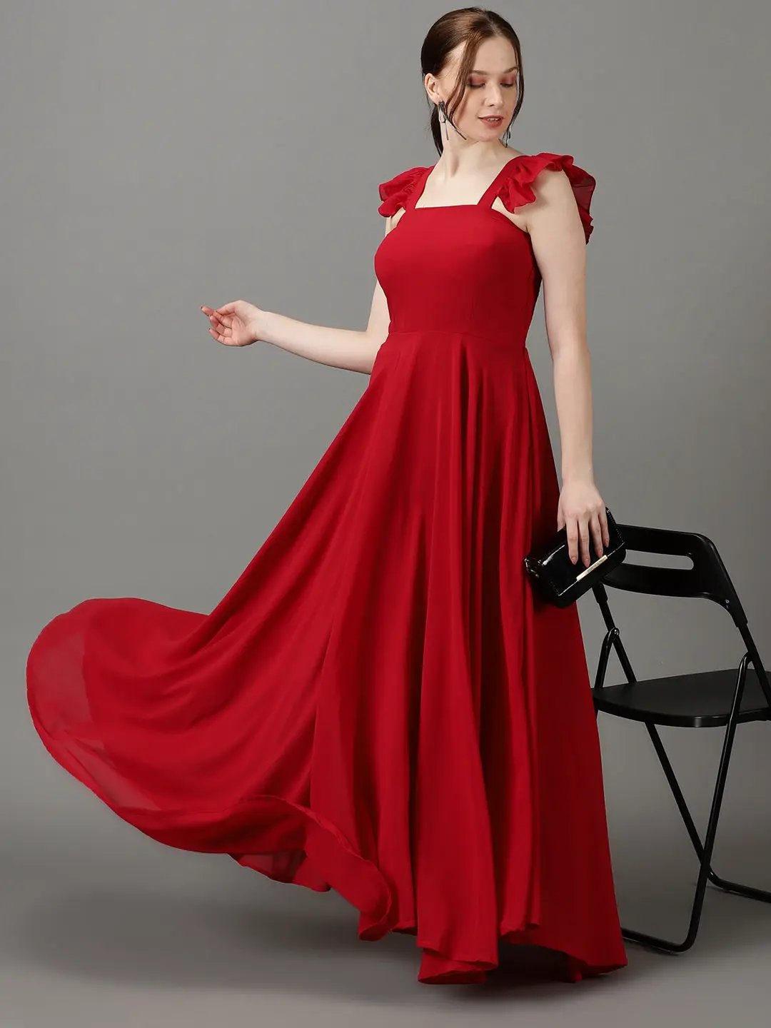 Women's Burgundy Solid Fit and Flare Dress