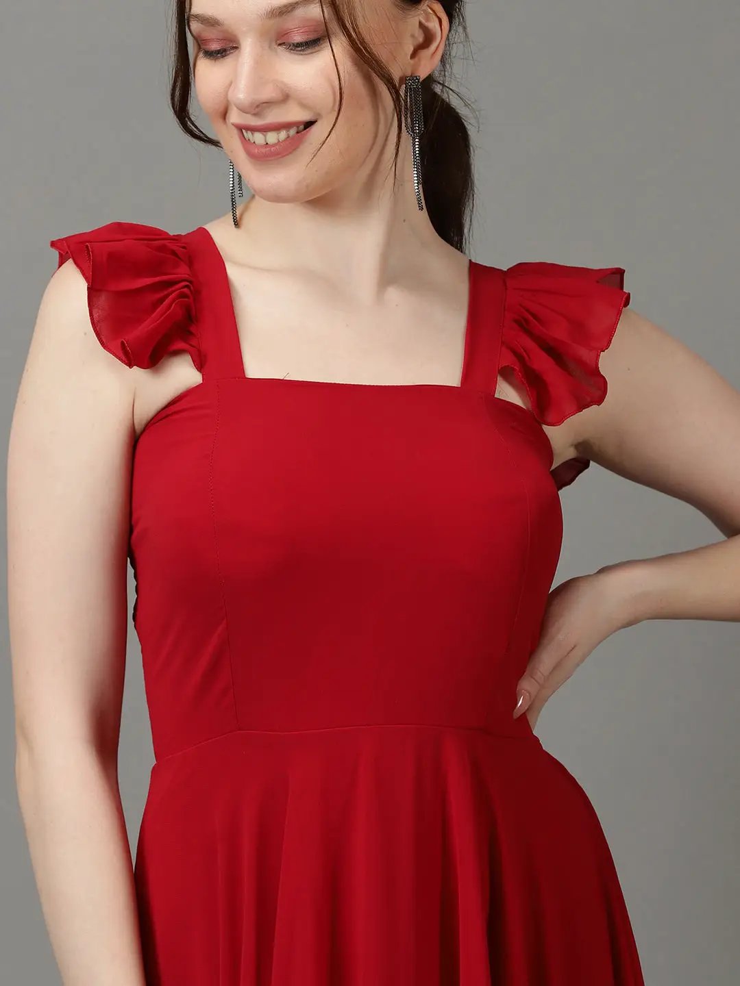 Women's Burgundy Solid Fit and Flare Dress