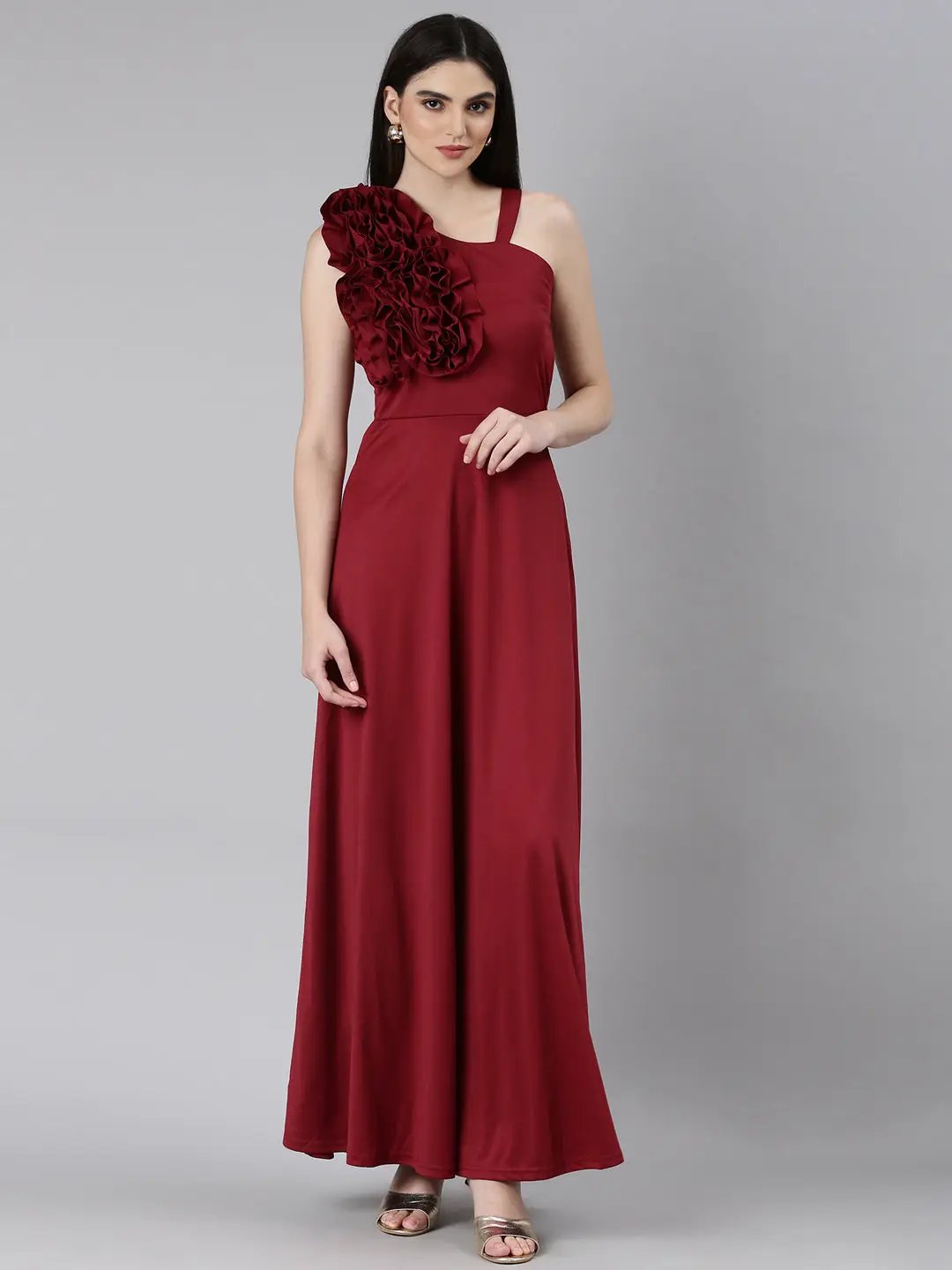 Women's Maroon Solid Gown Dress