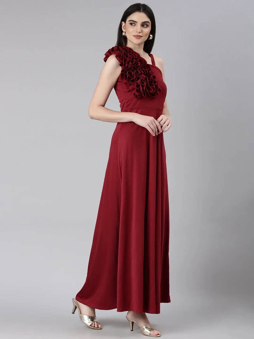 Women's Maroon Solid Gown Dress
