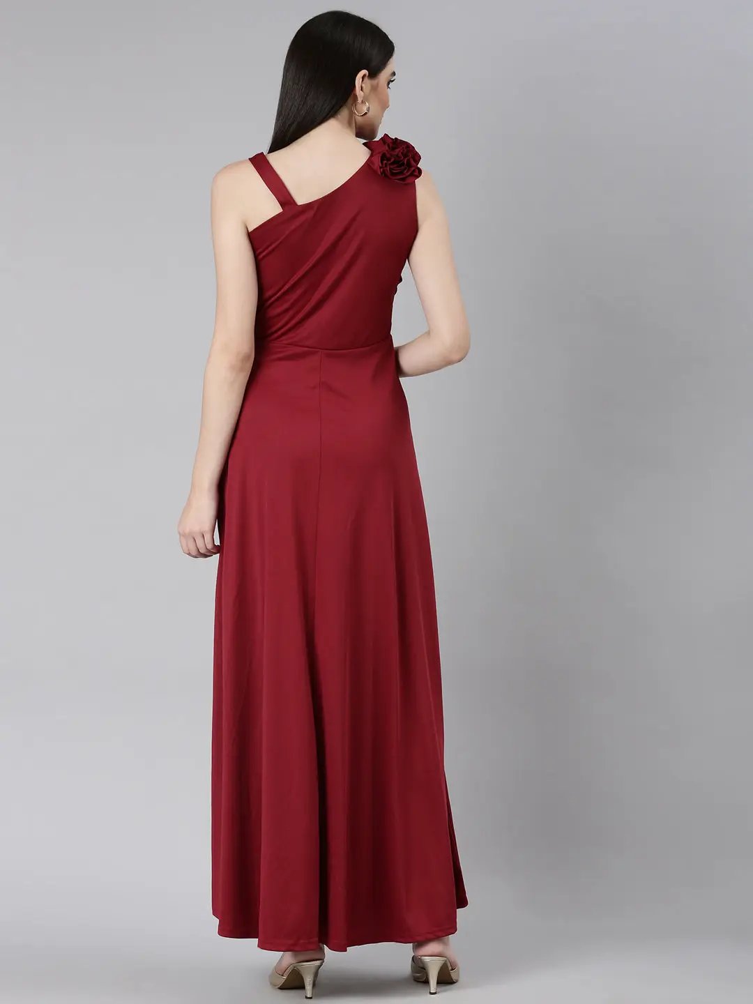 Women's Maroon Solid Gown Dress