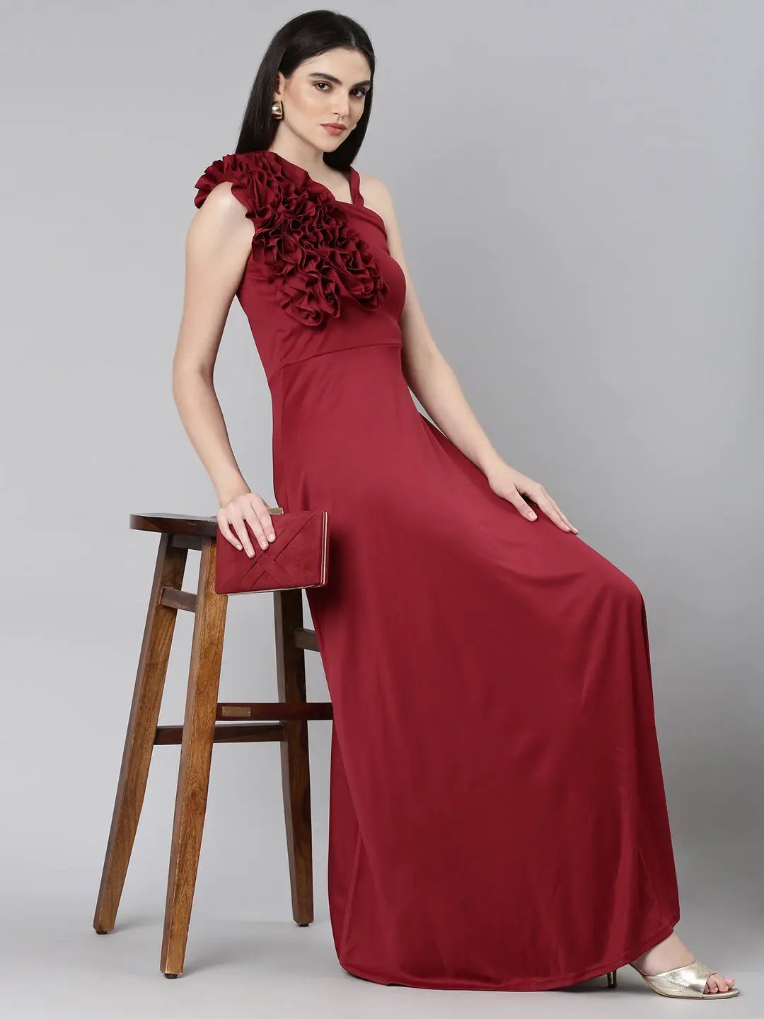 Women's Maroon Solid Gown Dress