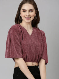 Women's Magenta Self Design Flared Sleeve Blouson Crop Top