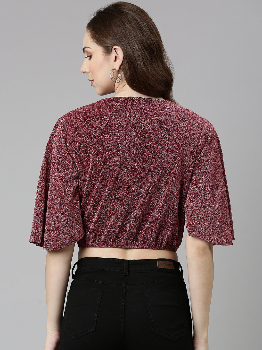 V-Neck Embellished Flared Sleeves Magenta Crop Top