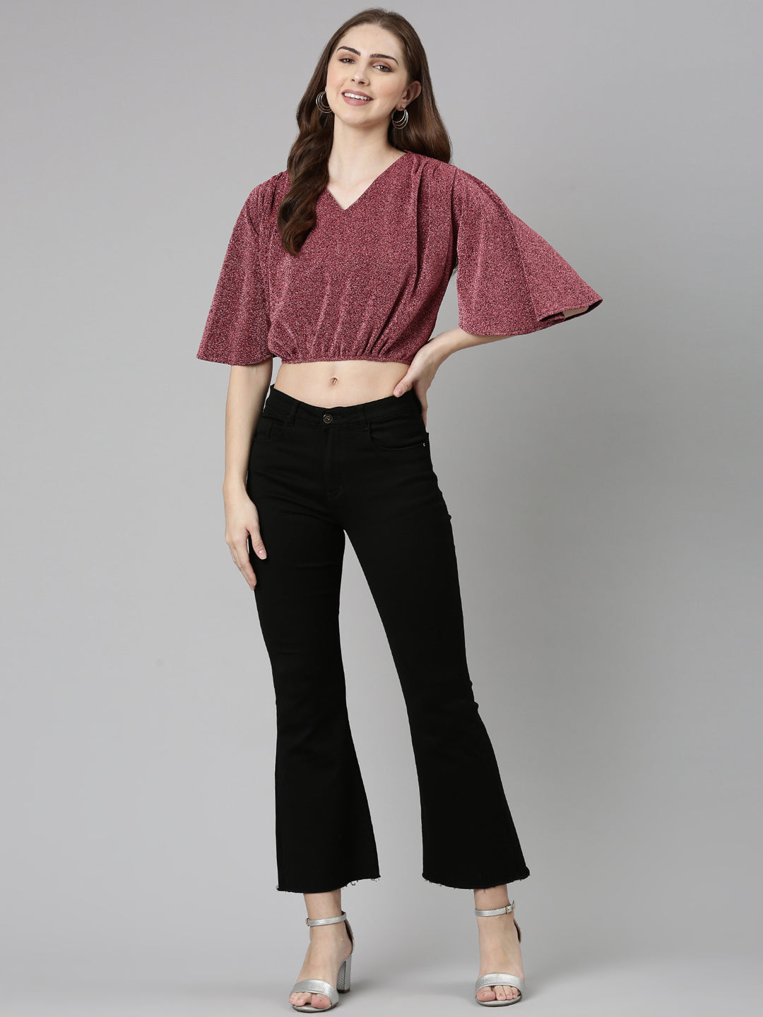 V-Neck Embellished Flared Sleeves Magenta Crop Top