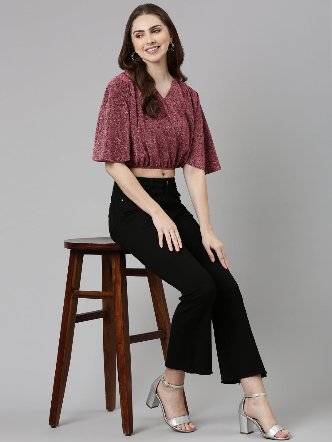 V-Neck Embellished Flared Sleeves Magenta Crop Top