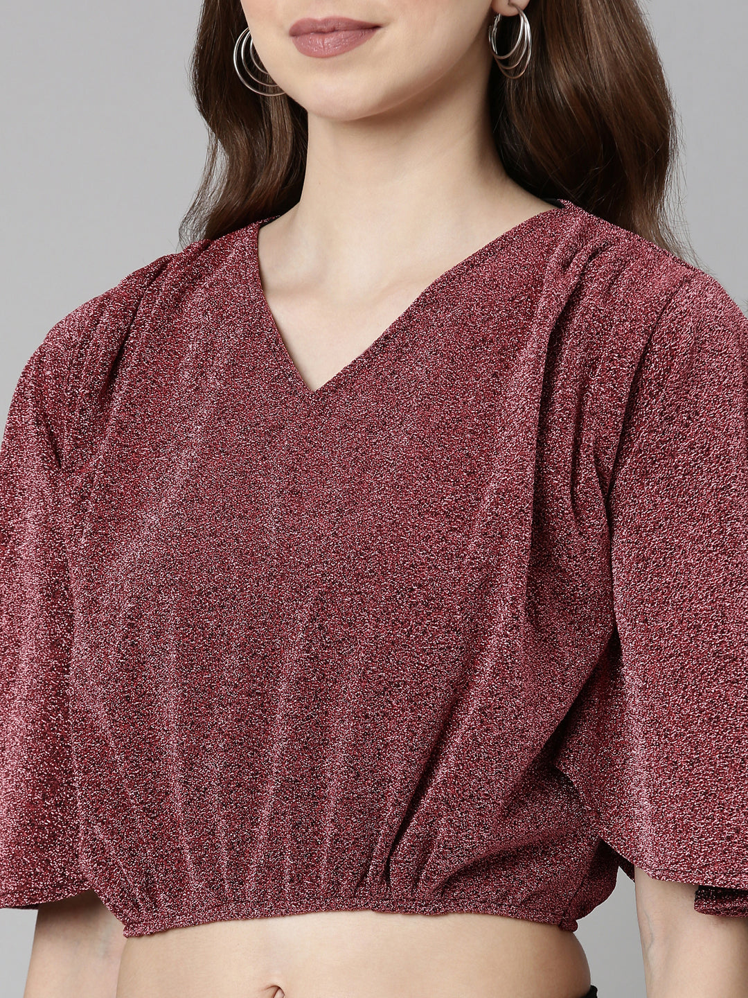 V-Neck Embellished Flared Sleeves Magenta Crop Top