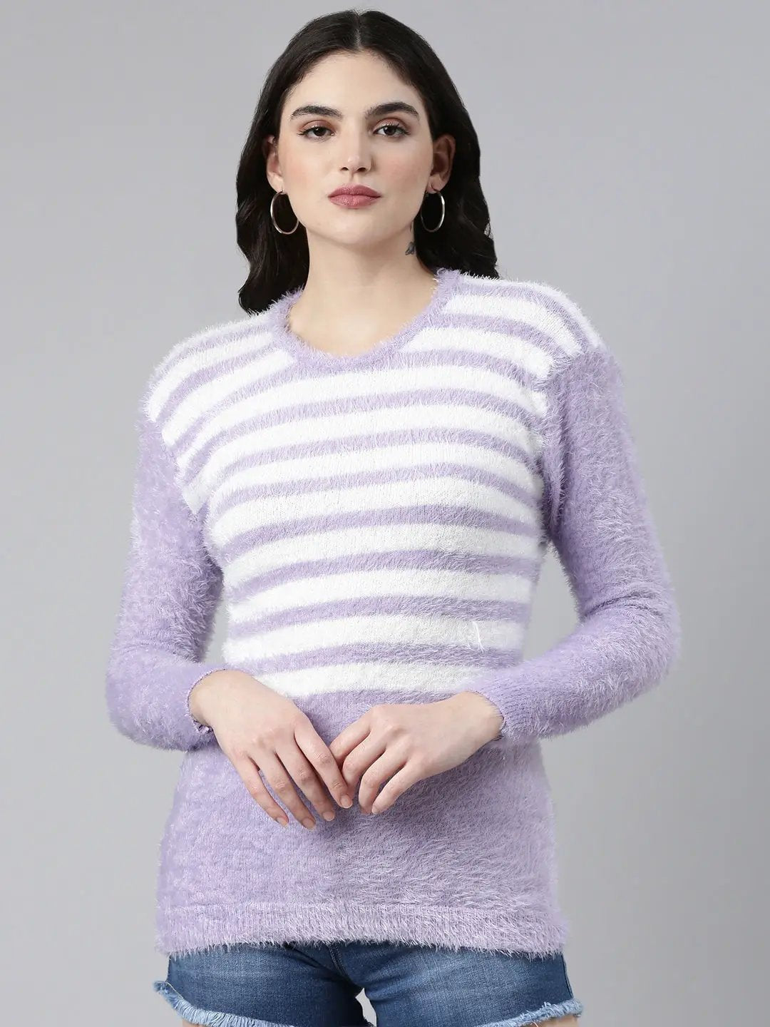 Women's Round Neck Striped Lavender Regular Top