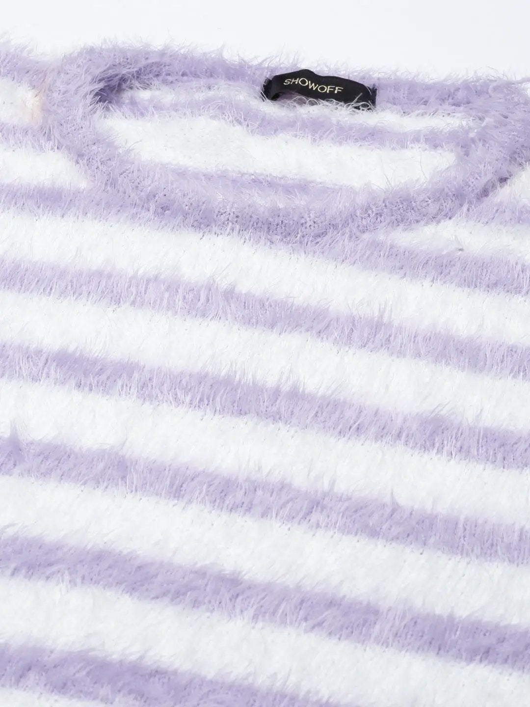 Women's Round Neck Striped Lavender Regular Top