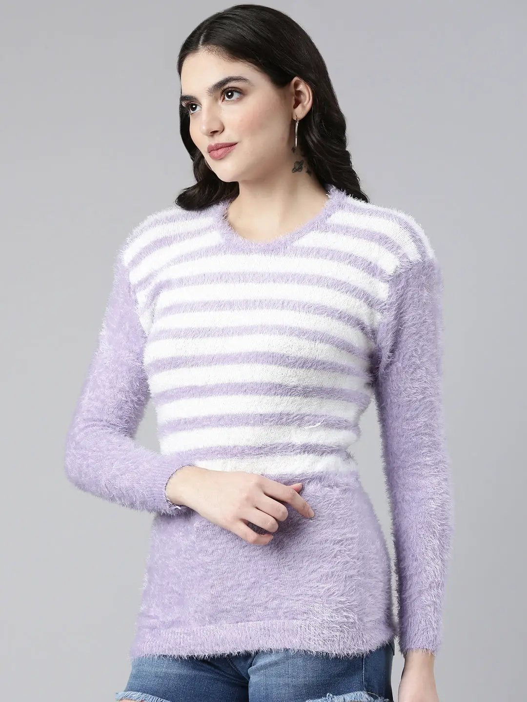 Women's Round Neck Striped Lavender Regular Top