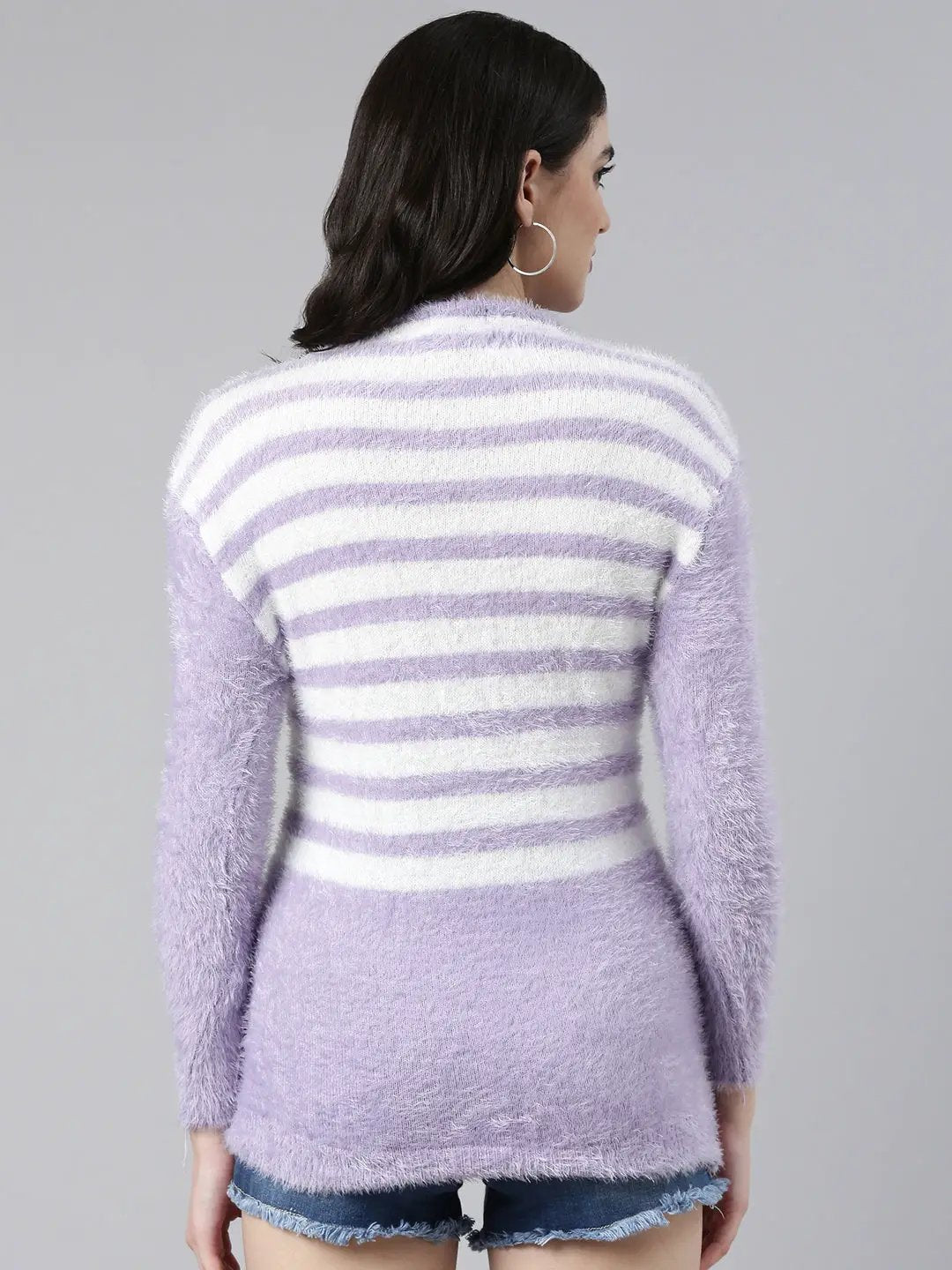 Women's Round Neck Striped Lavender Regular Top