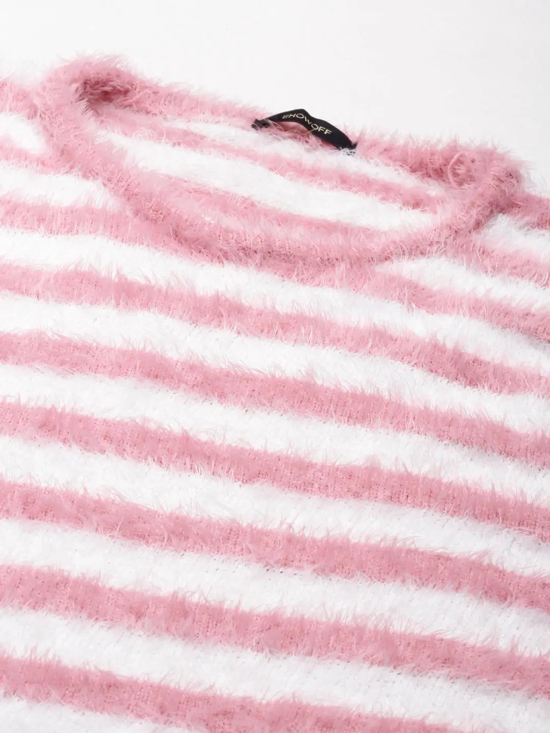 Women's Round Neck Striped Pink Regular Top