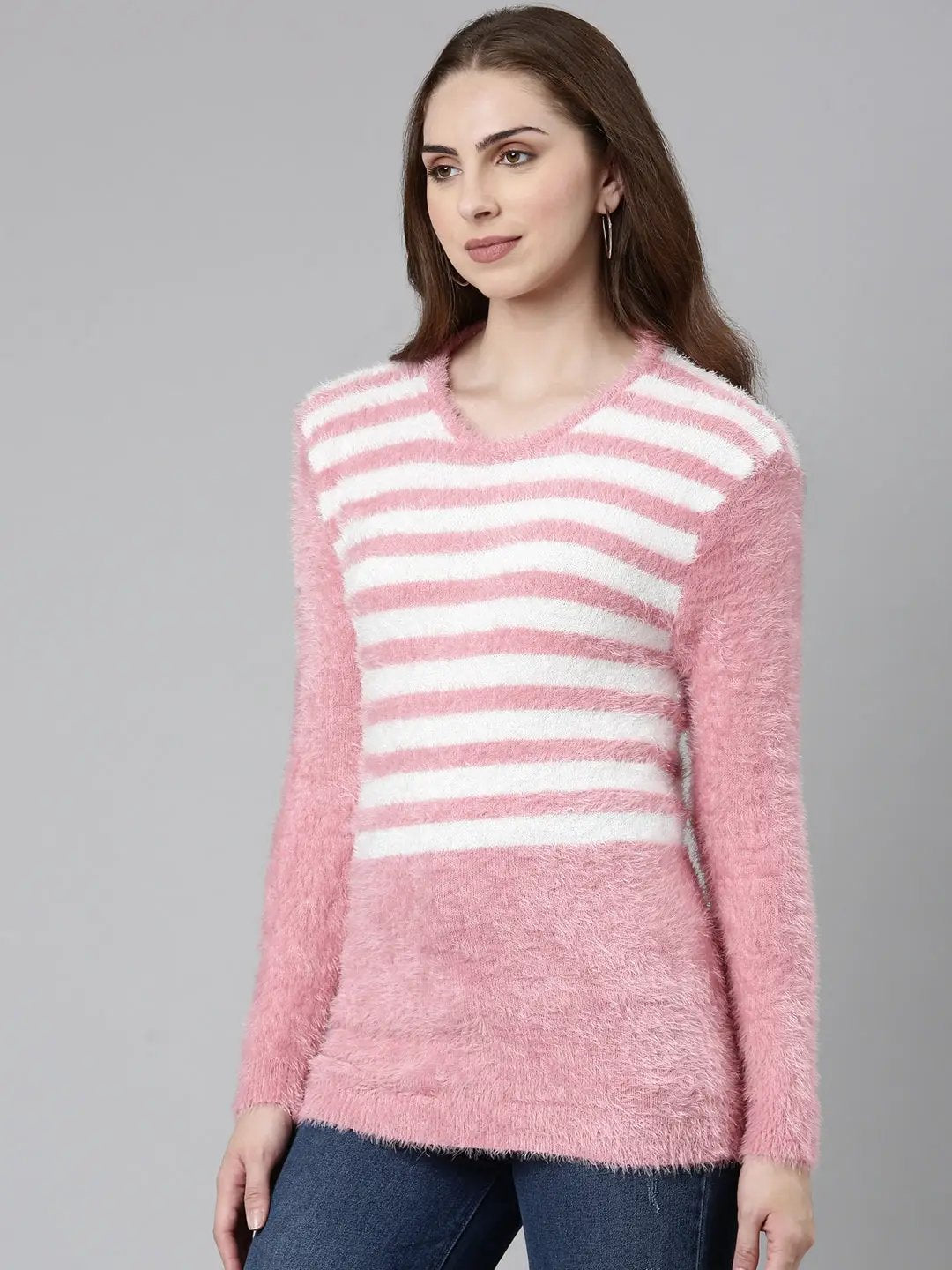 Women's Round Neck Striped Pink Regular Top