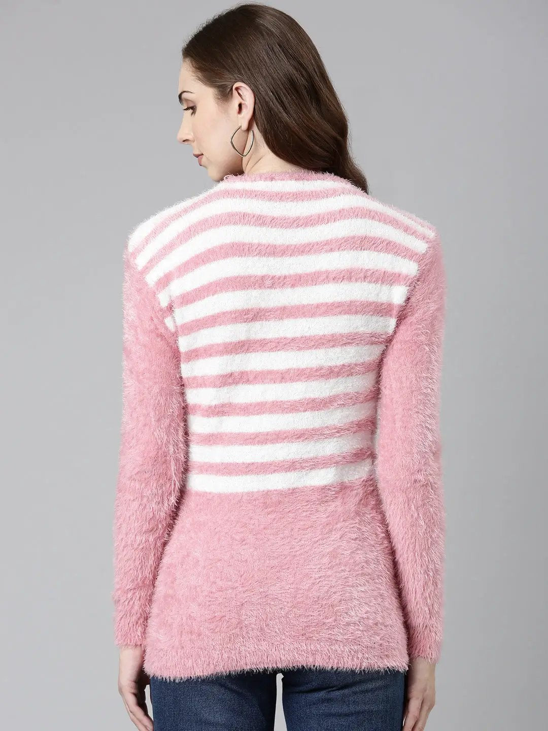 Women's Round Neck Striped Pink Regular Top