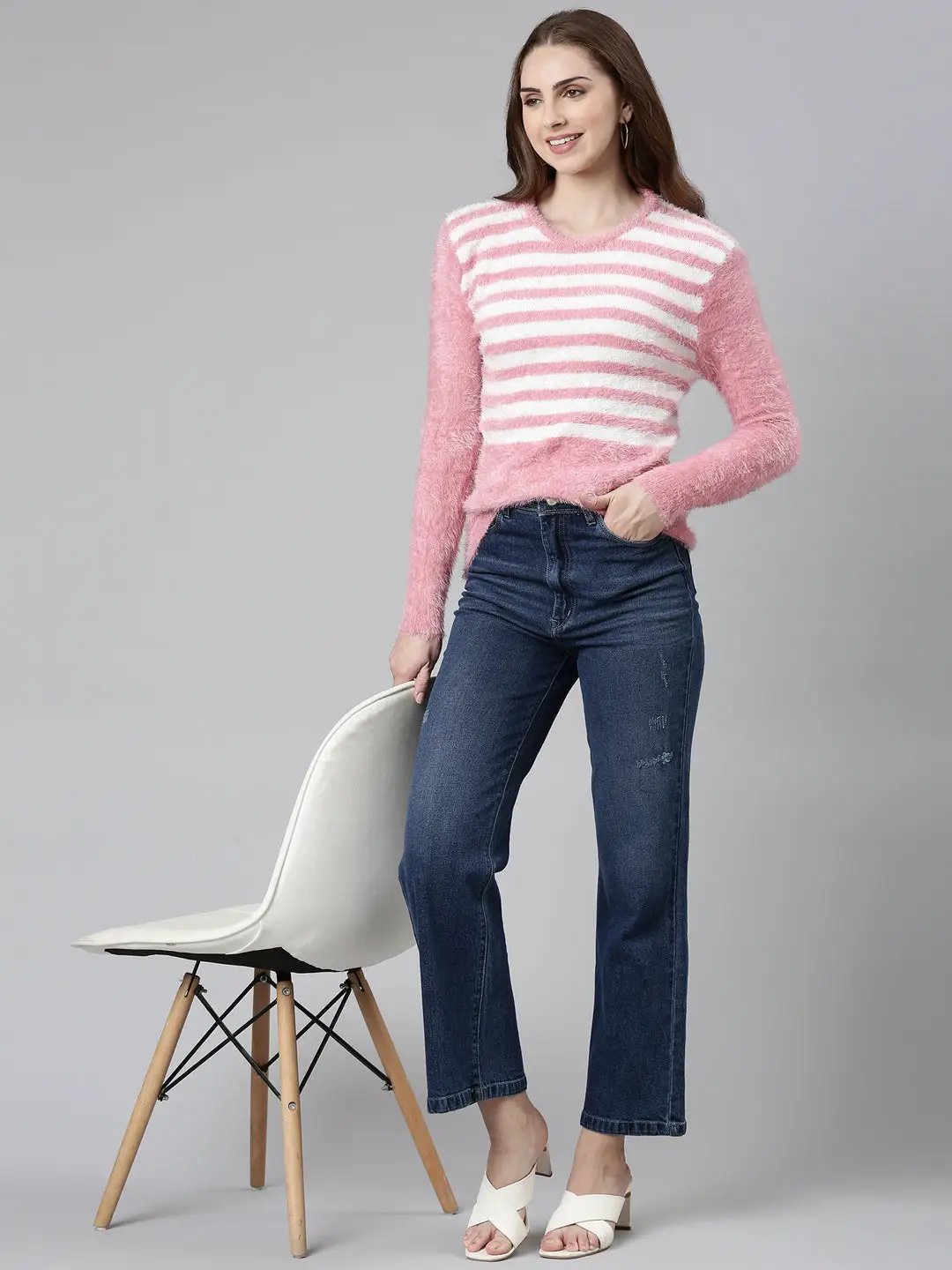 Women's Round Neck Striped Pink Regular Top