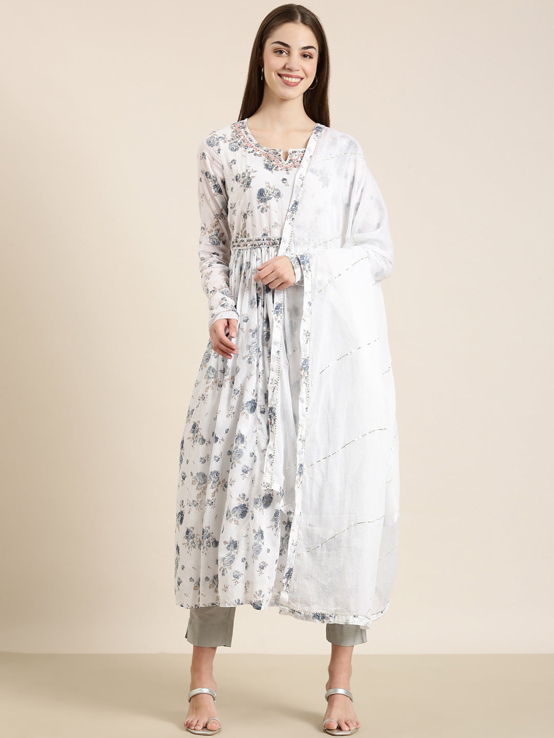 Women White Floral Anarkali Kurta