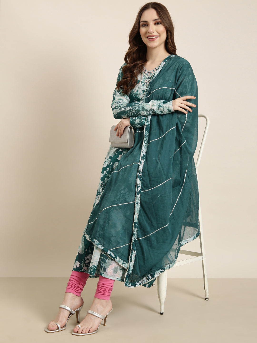 Women Anarkali Teal Floral Kurta Comes with Dupatta