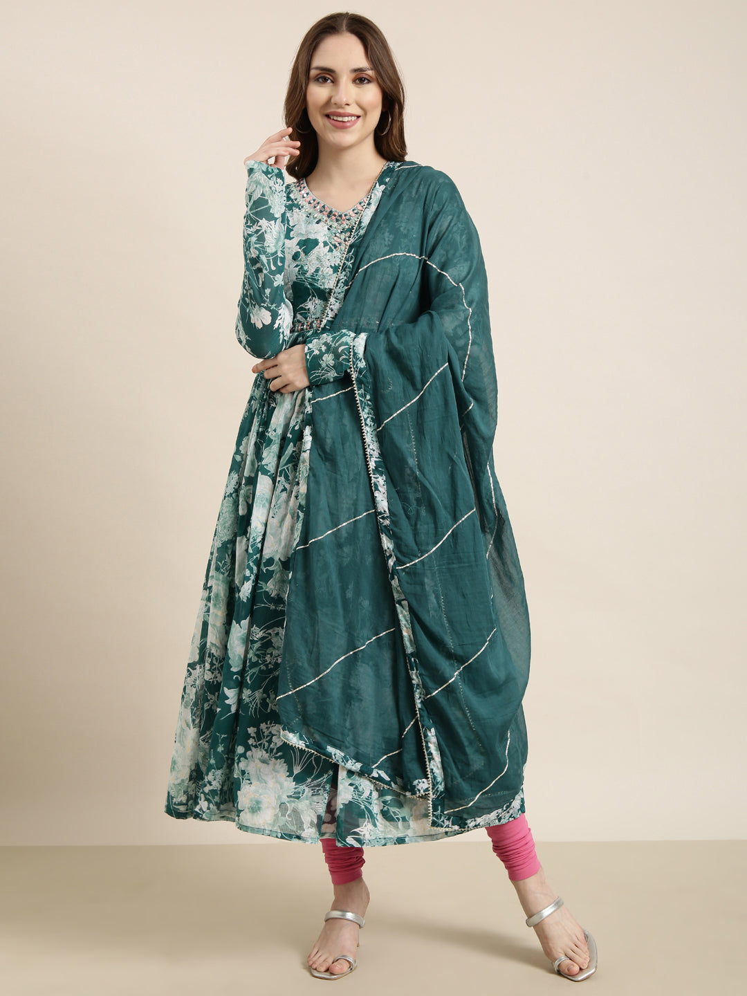 Women Anarkali Teal Floral Kurta Comes with Dupatta