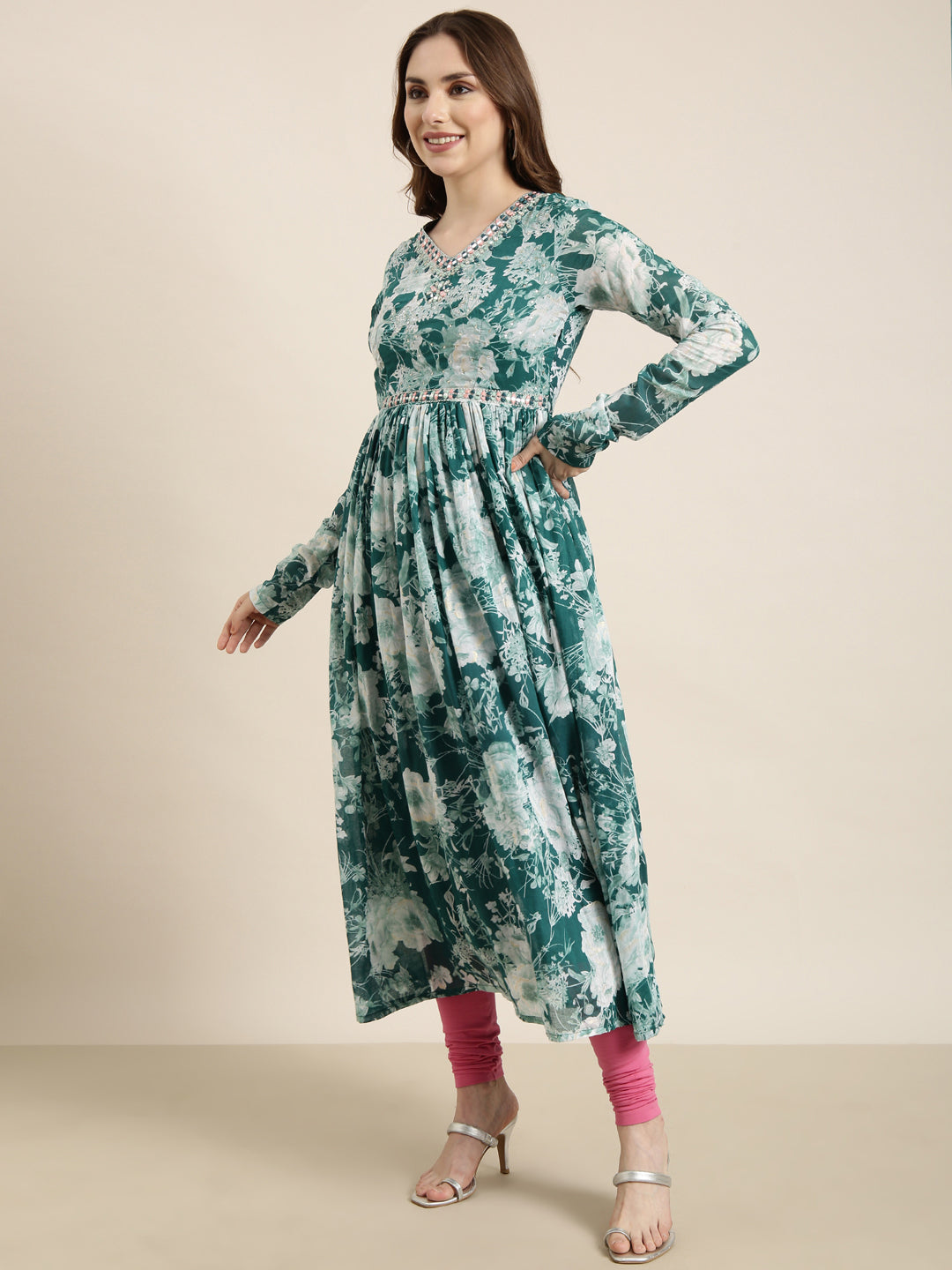 Women Anarkali Teal Floral Kurta Comes with Dupatta