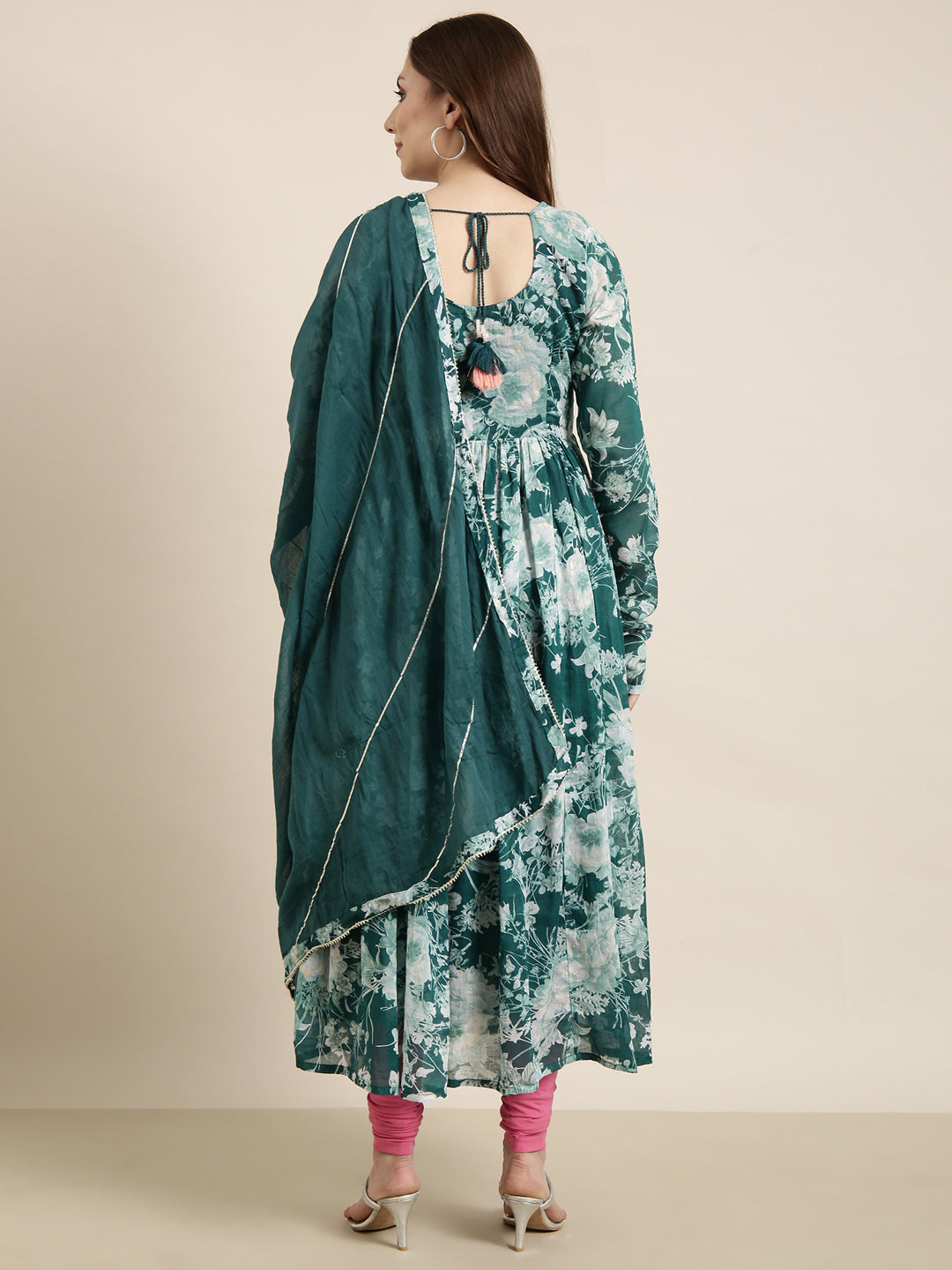 Women Anarkali Teal Floral Kurta Comes with Dupatta