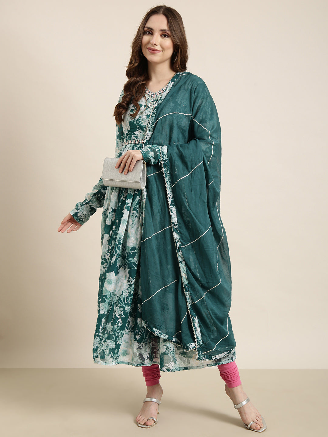 Women Anarkali Teal Floral Kurta Comes with Dupatta