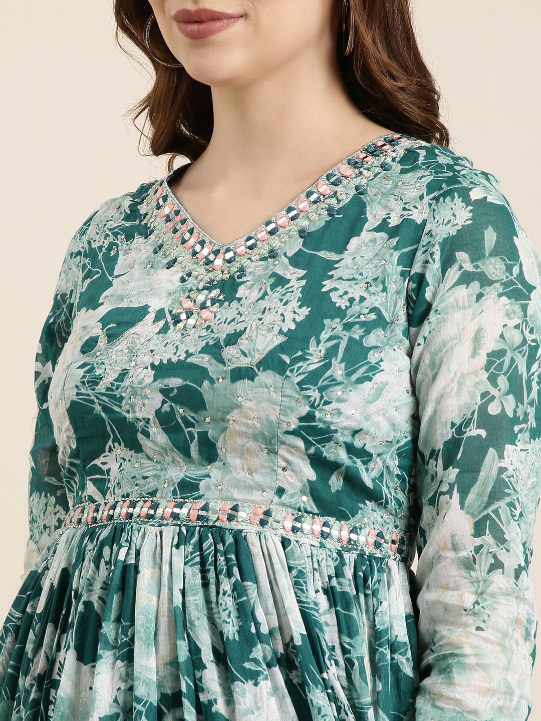 Women Anarkali Teal Floral Kurta Comes with Dupatta