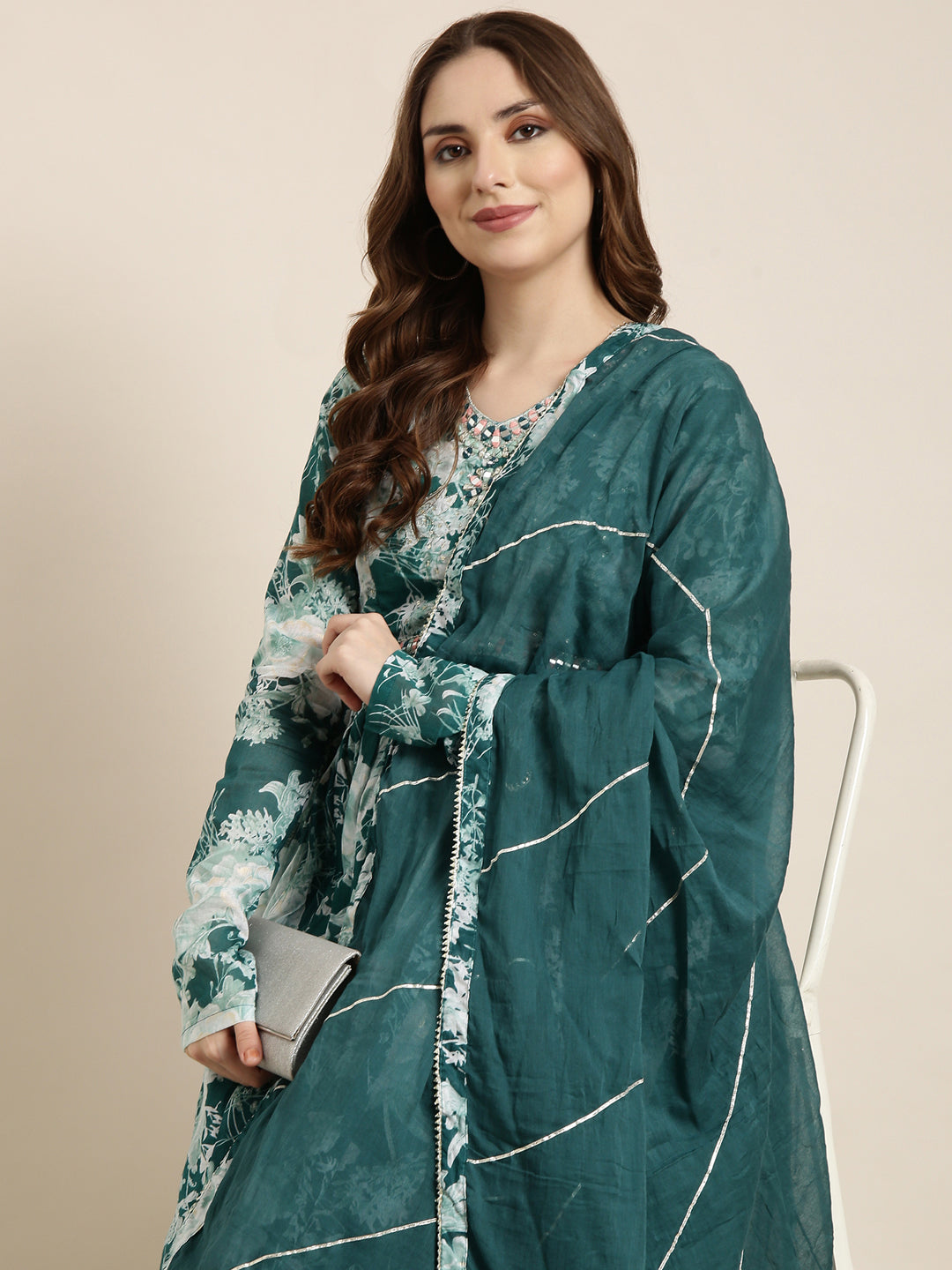 Women Anarkali Teal Floral Kurta Comes with Dupatta