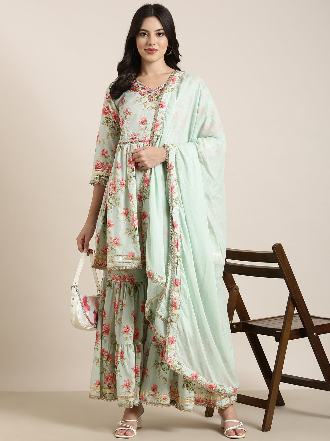 Women Anarkali Sea Green Floral Kurti and Sharara Set Comes With Dupatta