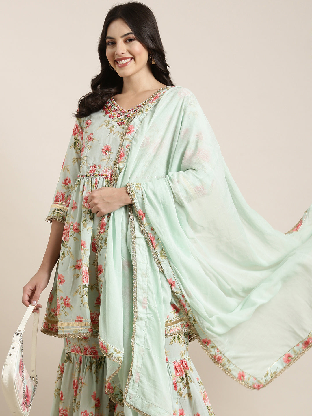 Women Anarkali Sea Green Floral Kurti and Sharara Set Comes With Dupatta