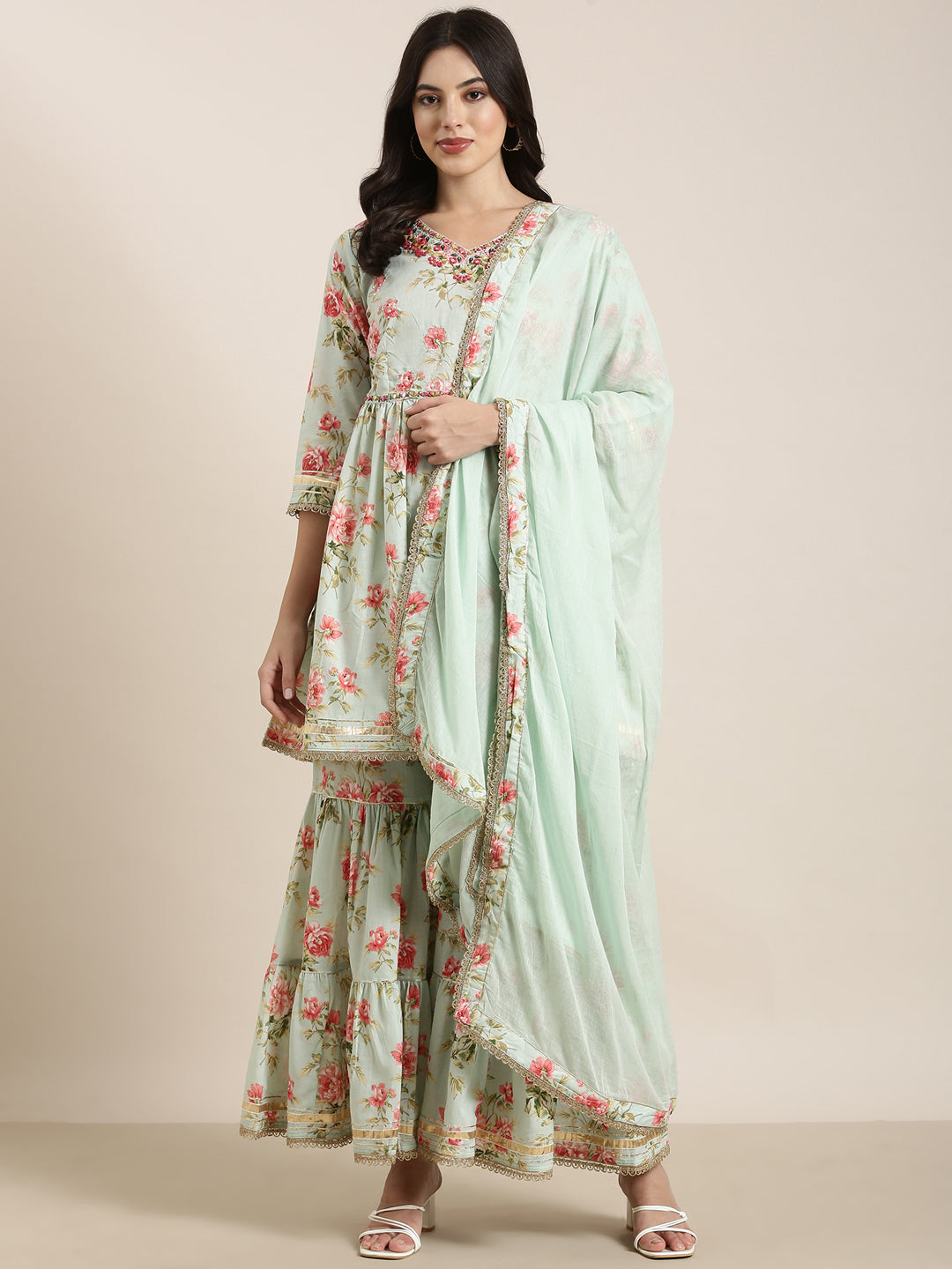 Women Anarkali Sea Green Floral Kurti and Sharara Set Comes With Dupatta