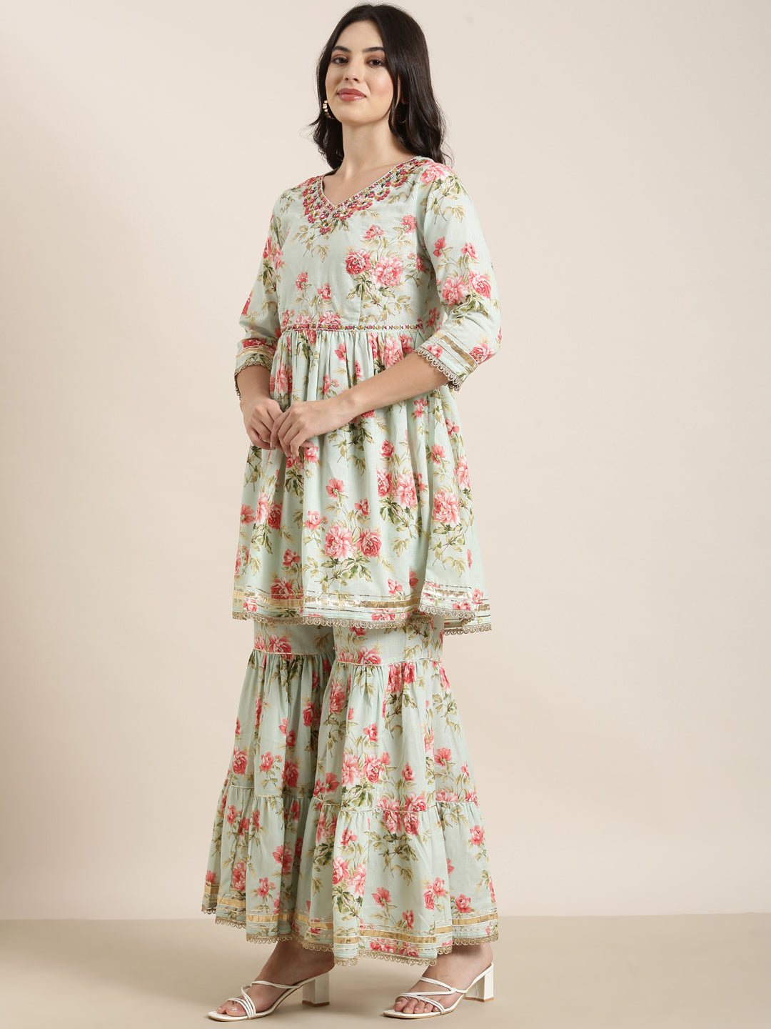 Women Anarkali Sea Green Floral Kurti and Sharara Set Comes With Dupatta