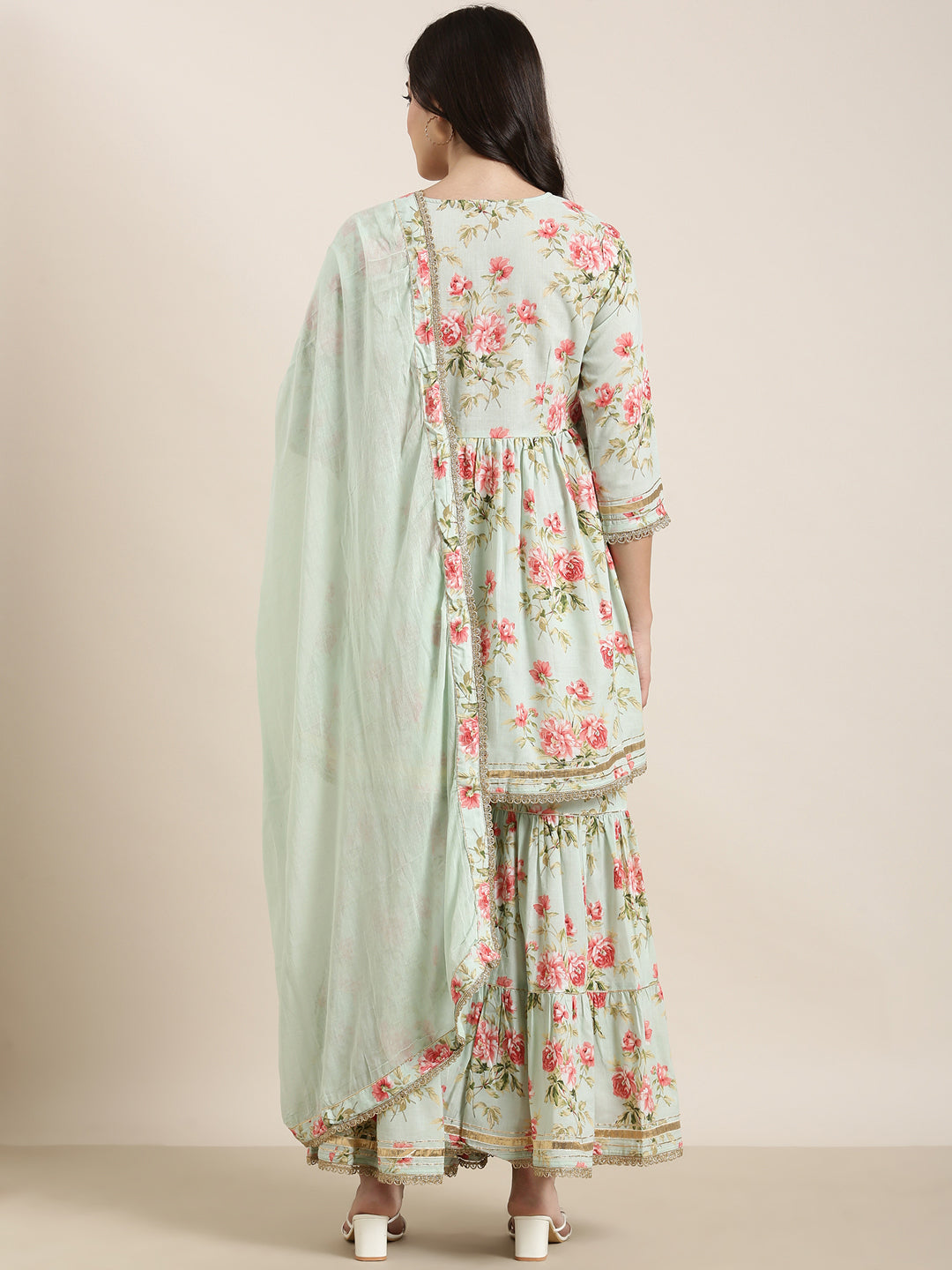 Women Anarkali Sea Green Floral Kurti and Sharara Set Comes With Dupatta