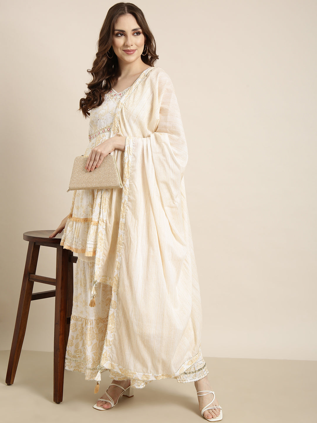 Women A-Line Cream Floral Kurti and Sharara Set Comes With Dupatta