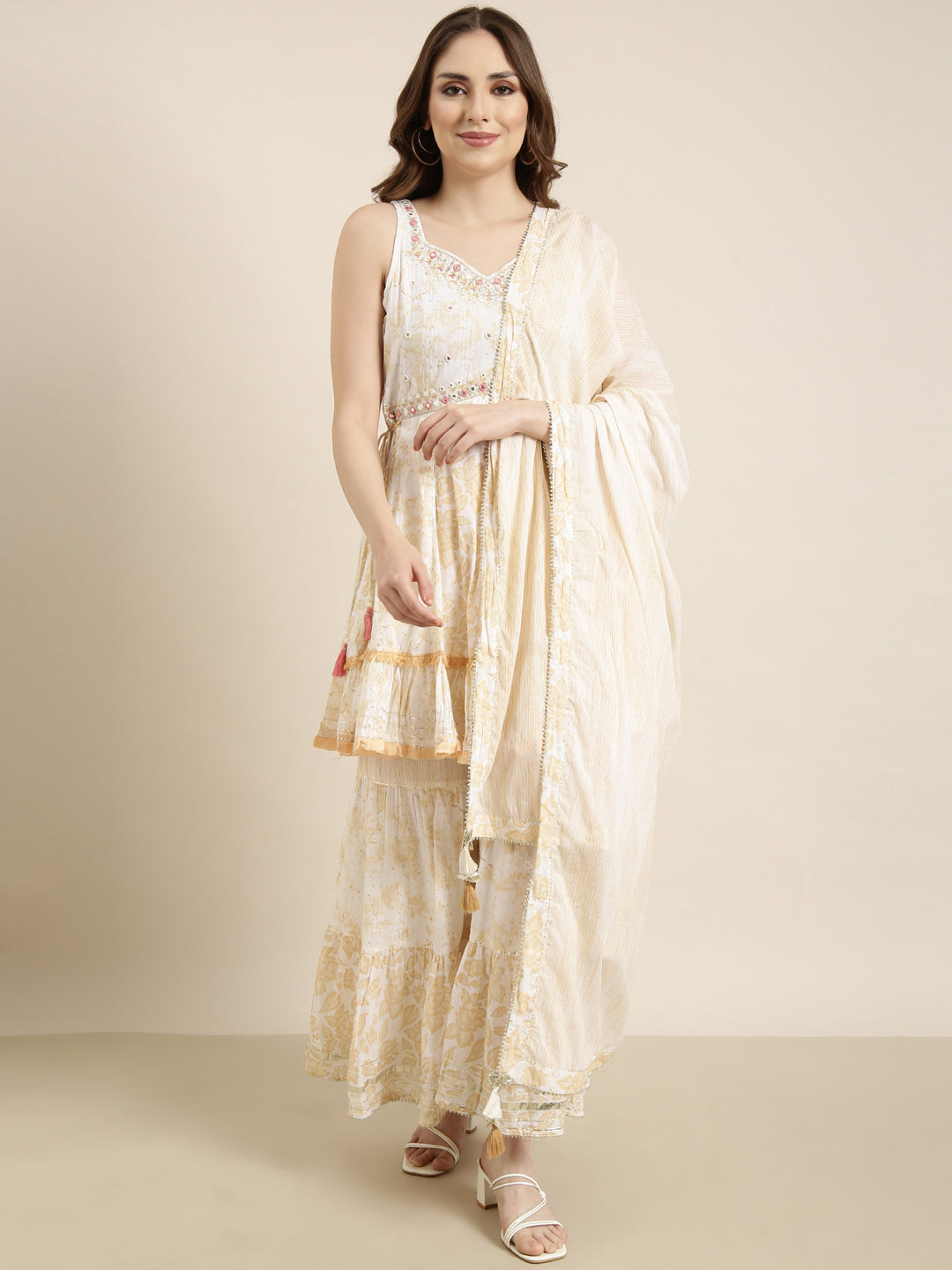 Women A-Line Cream Floral Kurti and Sharara Set Comes With Dupatta