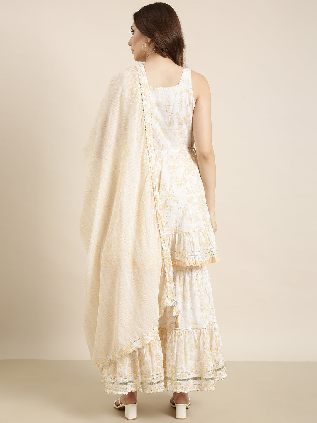 Women A-Line Cream Floral Kurti and Sharara Set Comes With Dupatta