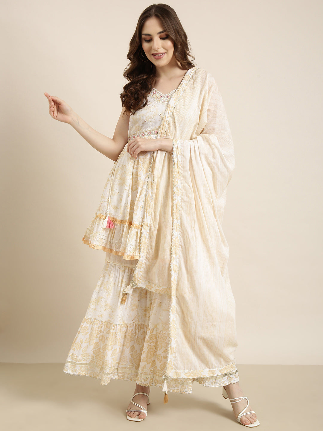 Women A-Line Cream Floral Kurti and Sharara Set Comes With Dupatta