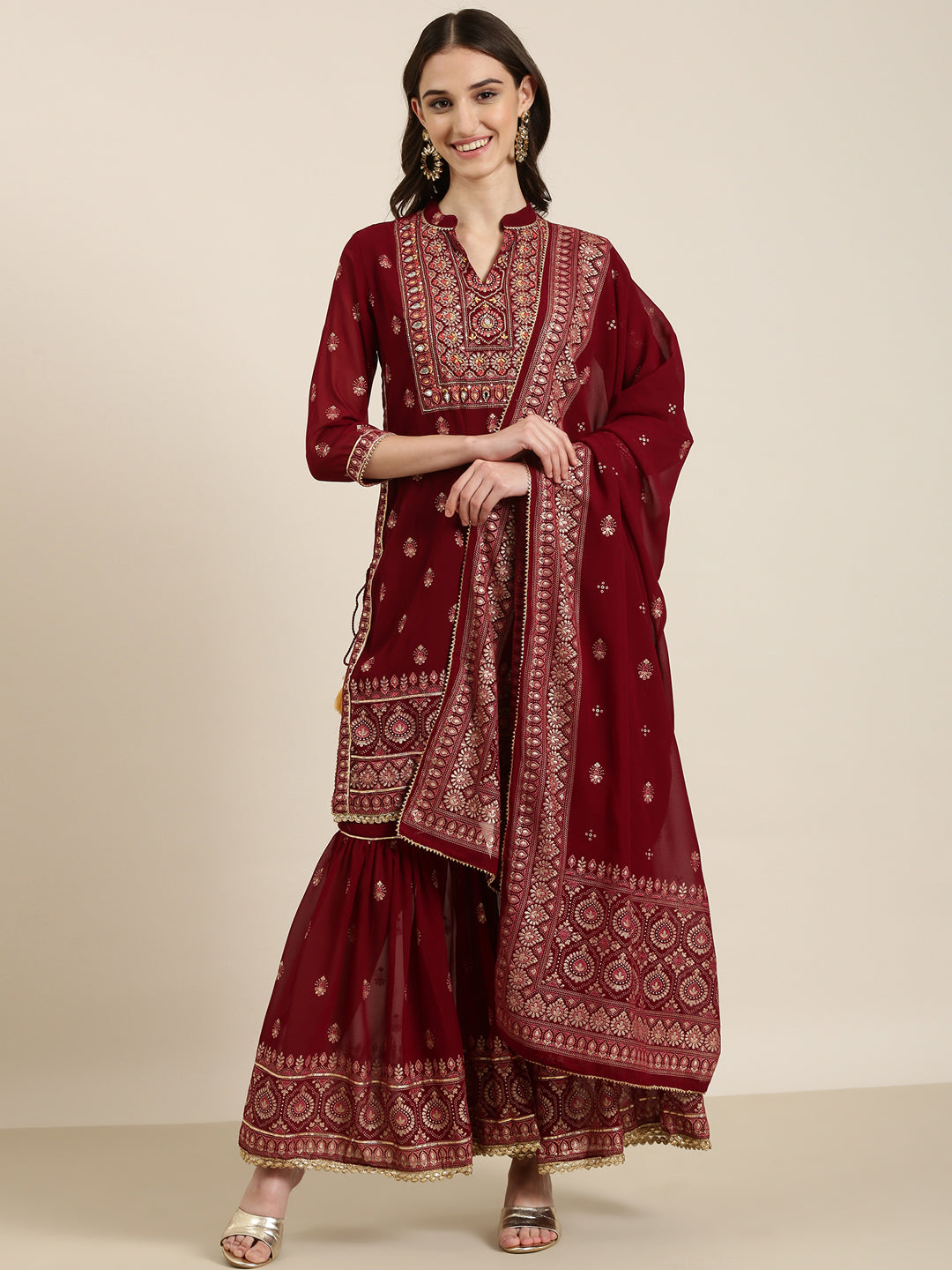 Women Maroon Floral Kurta Set