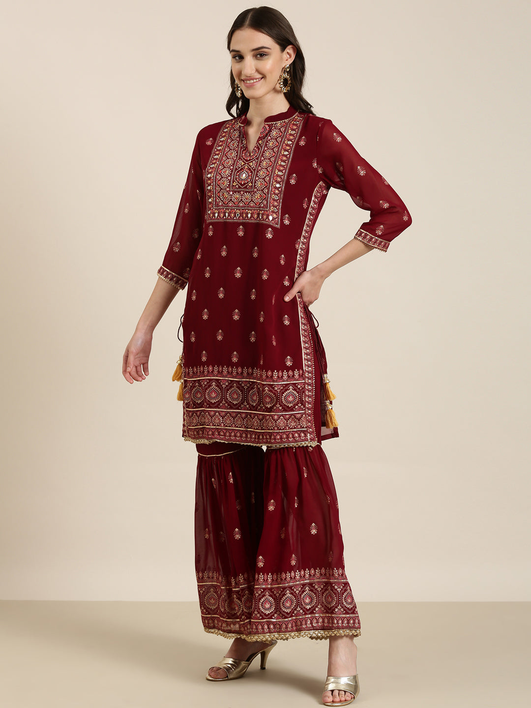 Women Maroon Floral Kurta Set