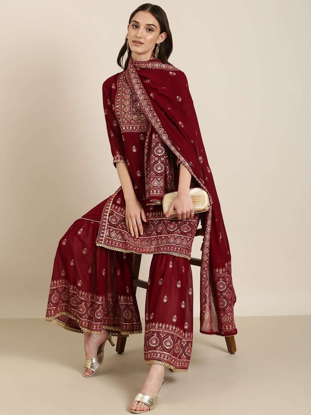 Women Maroon Floral Kurta Set