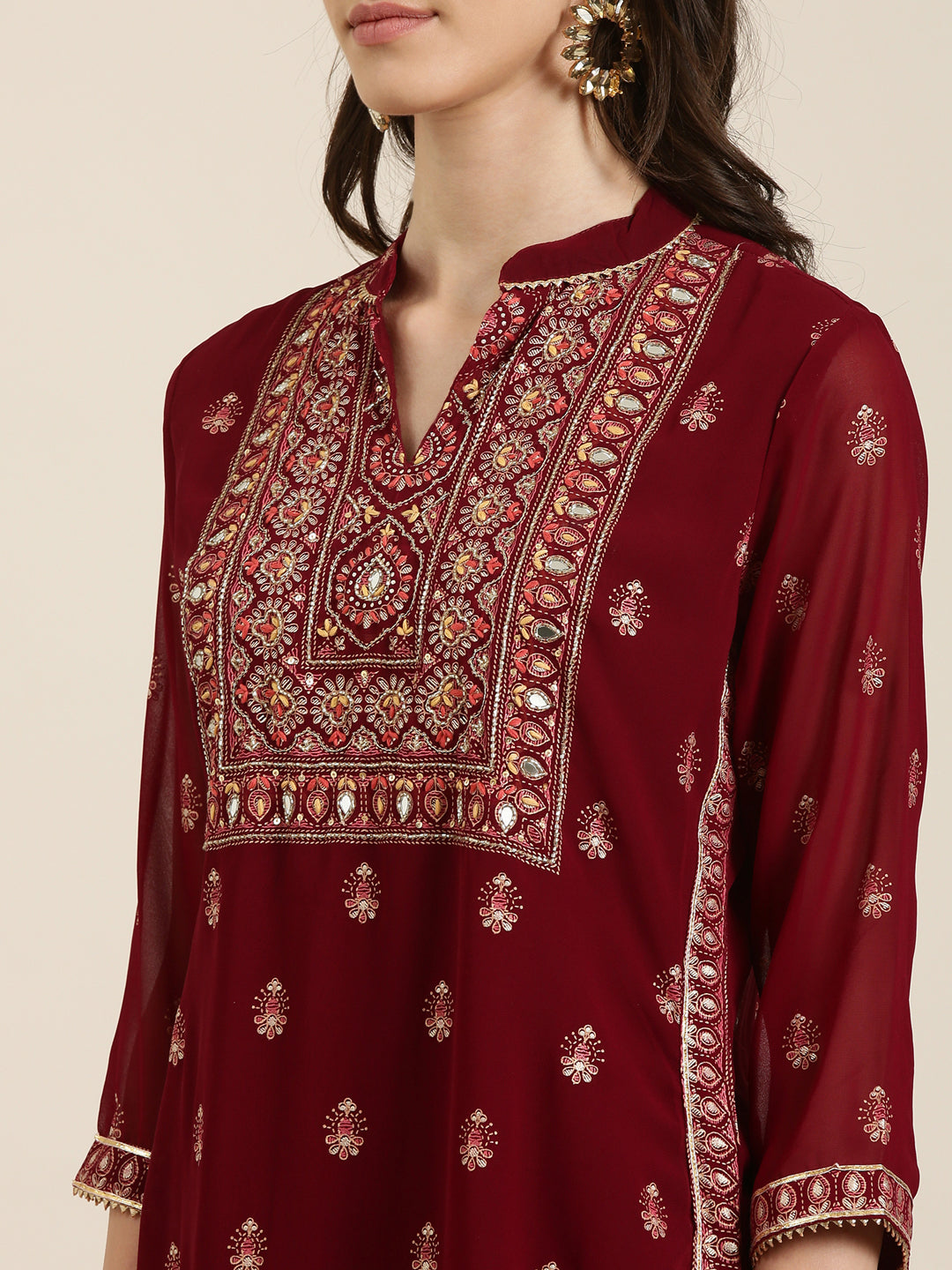 Women Maroon Floral Kurta Set