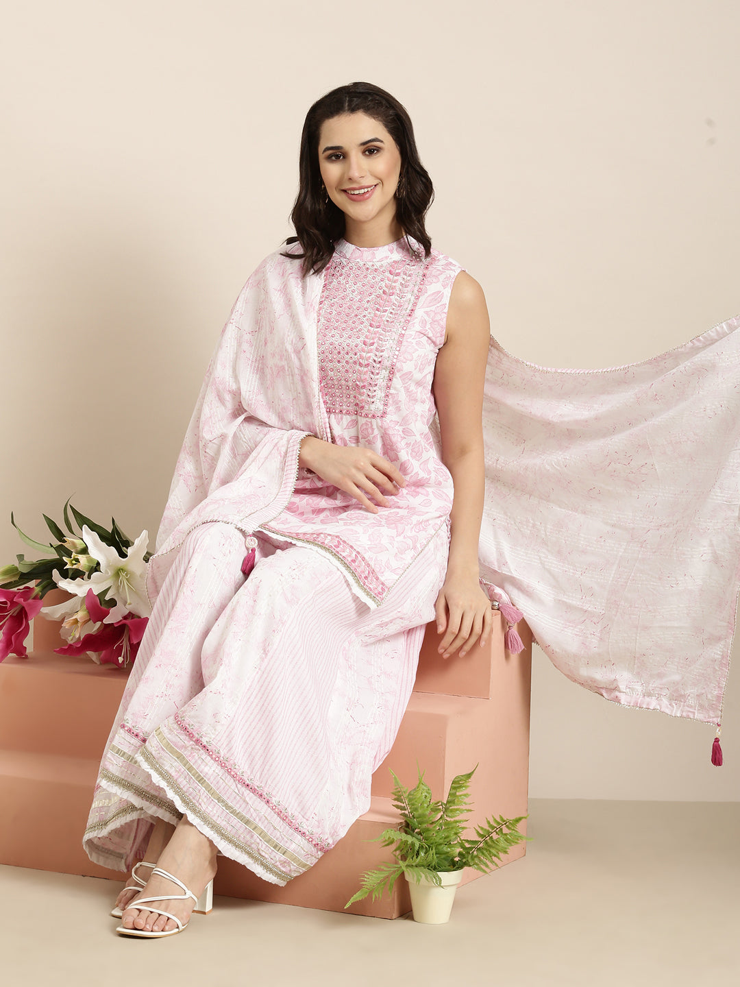 Women Straight Pink Floral Kurti and Palazzos Set Comes With Dupatta