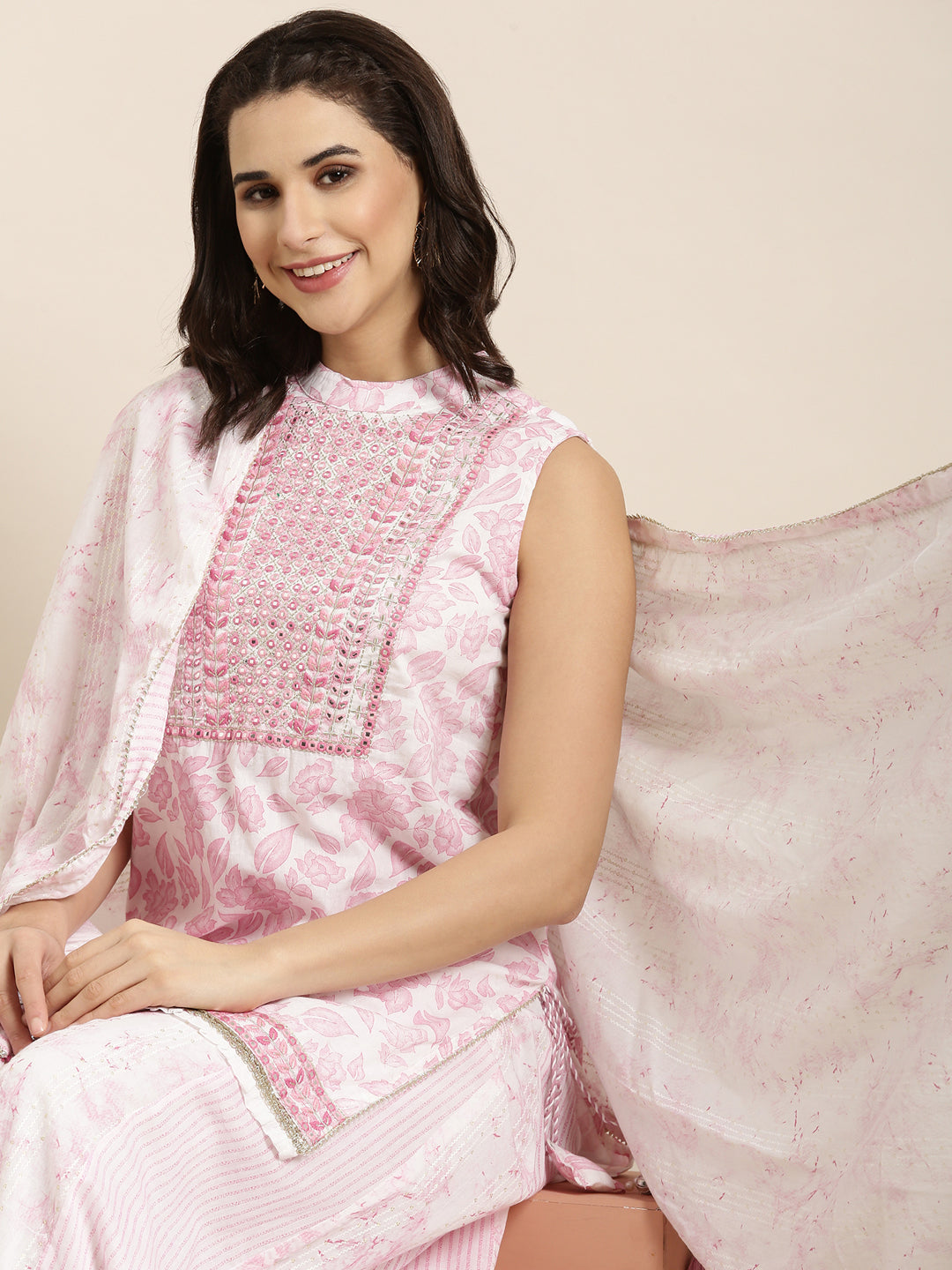 Women Straight Pink Floral Kurti and Palazzos Set Comes With Dupatta