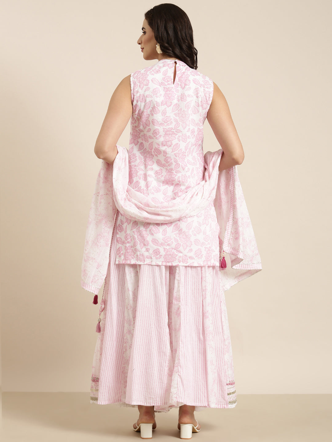 Women Straight Pink Floral Kurti and Palazzos Set Comes With Dupatta