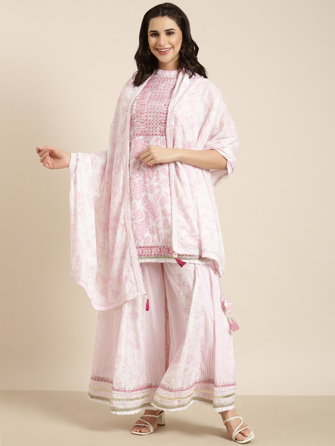 Women Straight Pink Floral Kurti and Palazzos Set Comes With Dupatta