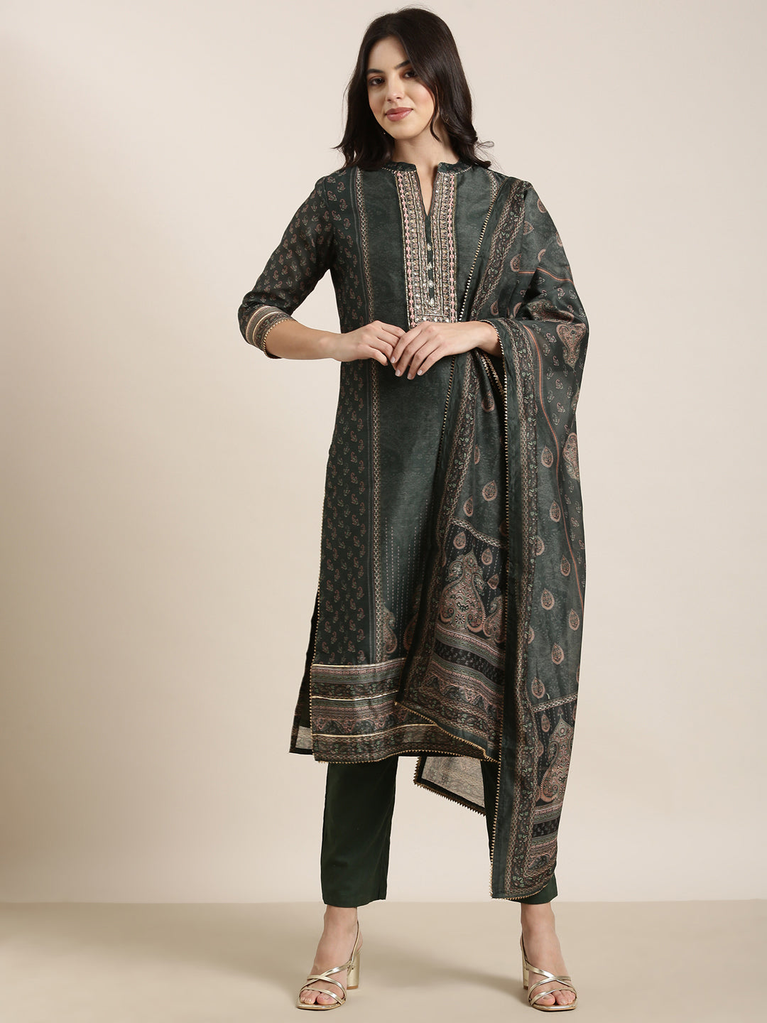 Women Straight Green Paisley Kurta and Trousers Set Comes With Dupatta